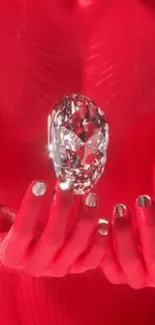 Red hands hold a gleaming diamond in artistic wallpaper.