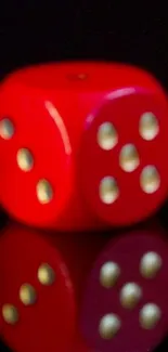 Red dice on black background with vivid reflection.