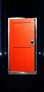 Vibrant red door with dark background, futuristic style.