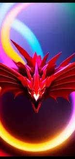 Red dragon with neon lights in abstract design wallpaper.