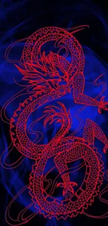 Red dragon design on blue smoke background for mobile wallpaper.