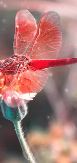 Close-up of a vibrant red dragonfly on a blurred background.