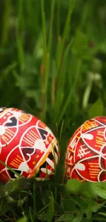 Intricate red Easter eggs in green grass scene.