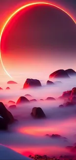 Vibrant red eclipse with misty rocks in a surreal landscape wallpaper.