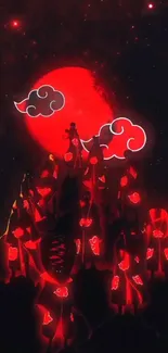 Silhouetted figures under a glowing red moon with cloud designs in a starry sky.