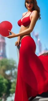 Woman in red outfit with castle background mobile wallpaper.