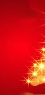 Vibrant red background with sparkling Christmas tree design.