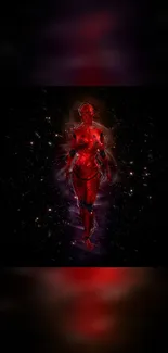 Glowing red humanoid figure in cosmic background wallpaper.