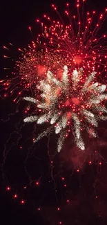 Vibrant red fireworks lighting up the night sky in a dazzling display.