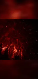 Dark red fireworks exploding in the night sky, creating a festive atmosphere.