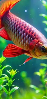 A vibrant red fish gliding among green plants.