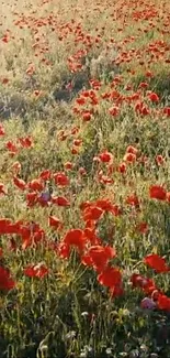 Mobile wallpaper featuring a vibrant field of red poppy flowers in natural sunlight.