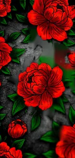 Vibrant red and green floral pattern wallpaper.