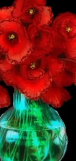 Vibrant red flowers in a glass vase on a dark background wallpaper.