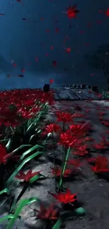 Vibrant red flowers along a pathway at night.