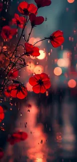 Red flowers amidst city lights and rain drops on a dark evening.