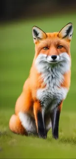 Majestic red fox on lush green field wallpaper.