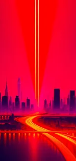 Futuristic red cityscape with neon path and skyline.