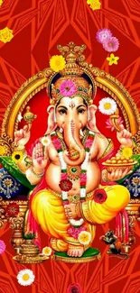 Colorful depiction of Lord Ganesh on a red background, perfect for mobile wallpaper.