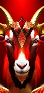 Majestic goat with gold detail on red backdrop.