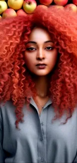 Woman with vibrant red curly hair and apples on a mobile wallpaper.