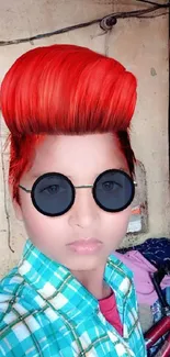 Wallpaper of person with vibrant red hairstyle and sunglasses.