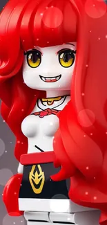 Toy figure with bright red hair and playful design.