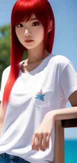 Anime character with red hair in a beach setting, vibrant and serene.