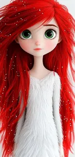 Cartoon girl with red hair and green eyes in a white dress.