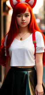 Vibrant cosplay girl with red hair and ears in urban setting.