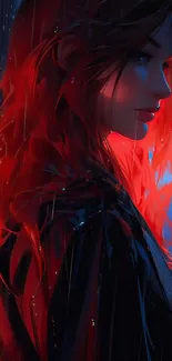 Digital art of a profile with vibrant red hair in the rain.