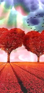 Heart-shaped red trees under a colorful sky.