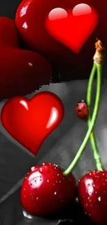 Red hearts and cherries on a dark background, glossy and vibrant design.