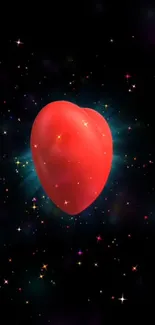 Vibrant red heart with cosmic starry background.