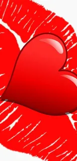 Red heart with lipstick kisses on mobile wallpaper background.