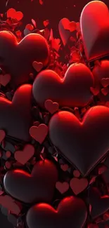 3D red heart wallpaper with dark background and small hearts scattered.