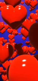 A vibrant 3D red hearts mobile wallpaper on a blue background.