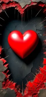 Vibrant red heart against cracked surface.