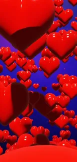 Mobile wallpaper featuring floating red hearts on a vivid blue background.