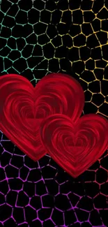 Colorful mosaic background with vibrant red hearts.