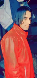 Person in vibrant red jacket with blue background, exuding modern style.