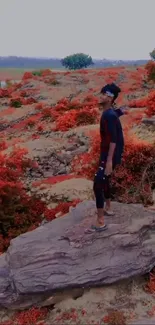 Man on rock with vibrant red-orange landscape background.