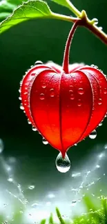 Red lantern flower with raindrops on a green background.