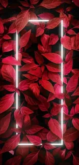 Mobile wallpaper with red leaves and neon frame.