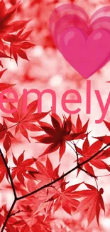 Red leaves wallpaper with heart design