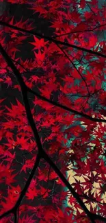 Red leaves mobile wallpaper with dark tree branches.