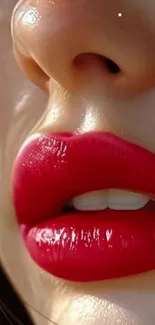 Close-up of glossy red lips in vibrant detail.