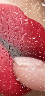 Close-up of glossy red lips with raindrop effect on mobile wallpaper.