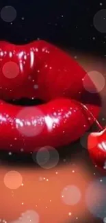 Vibrant red lips holding a cherry on a stylish wallpaper background.