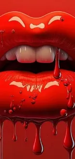 Vibrant wallpaper with glossy red lips and dripping paint.